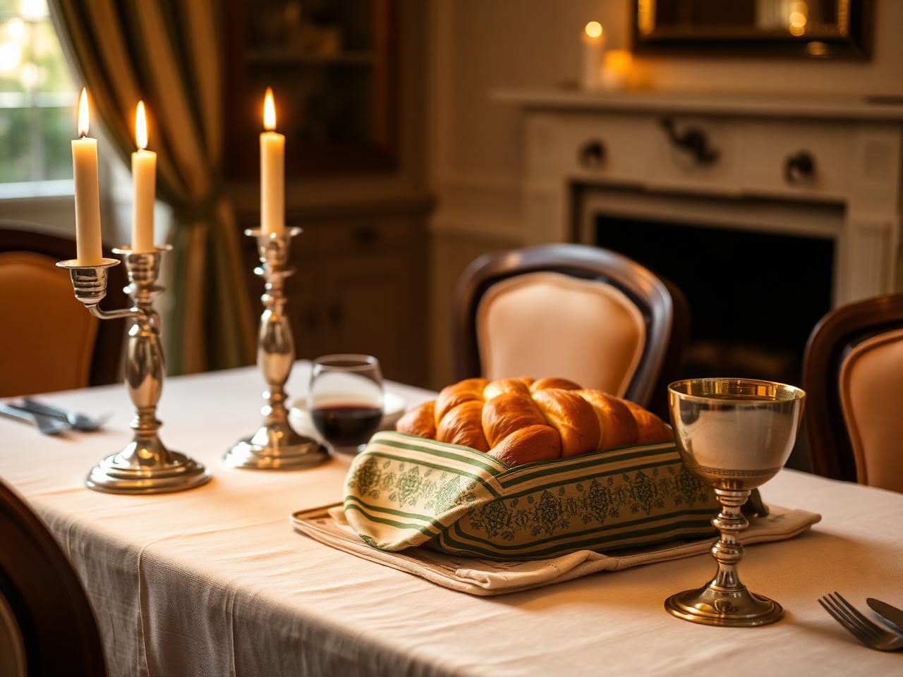 Shabbat table with lit candles and covered challah